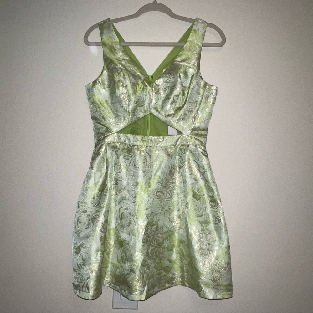 Sans Souci lime green metallic mini dress with cut out brocade party Victorian